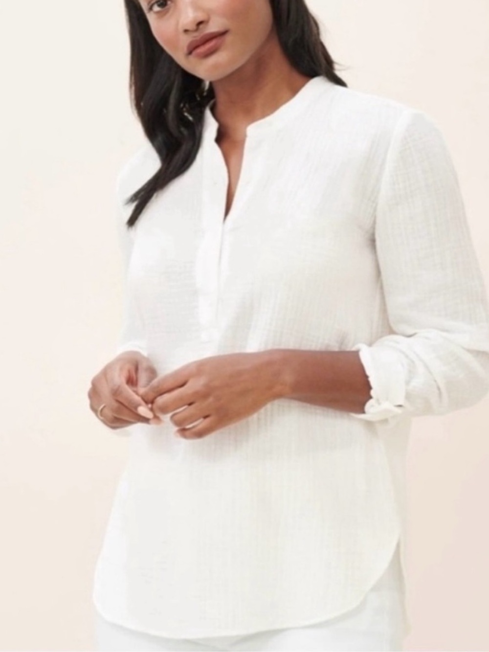 Jenni Kayne Cypress Collarless Gauze Shirt White Long-Sleeved Size Medium